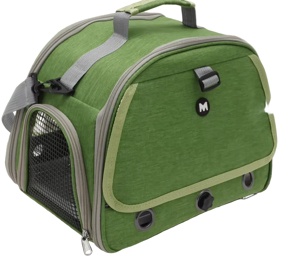 Bolsa de viaje verde para pájaros con bandeja, percha y ventana transparente