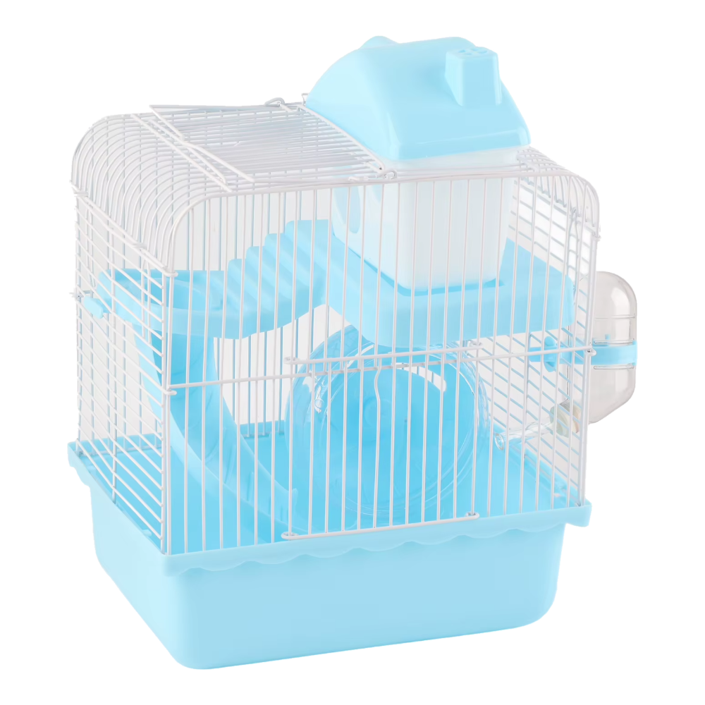 Blauer Hamsterkäfig mit 2 Ebenen, Laufrad, Leiter und Trinkflasche, Seitenansicht