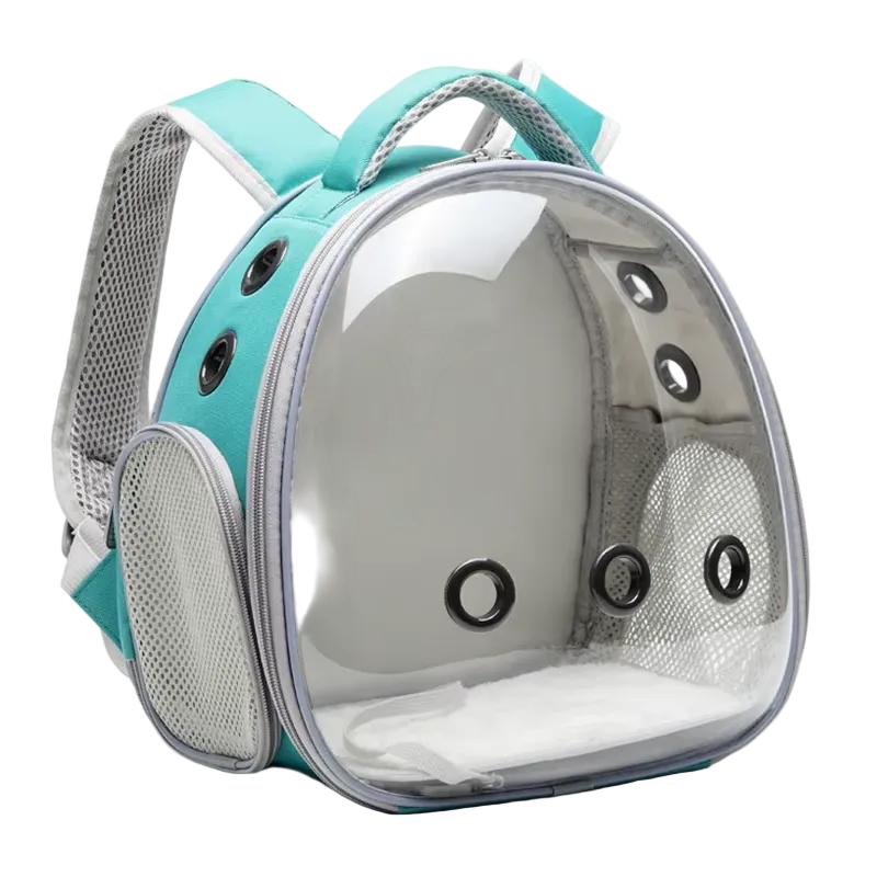 Mochila burbuja turquesa para pájaros con ventana panorámica