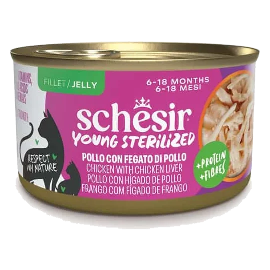 Schesir Kitten Sterilised Nassfutter Katze Huhn mit Hühnerleber, 85 g