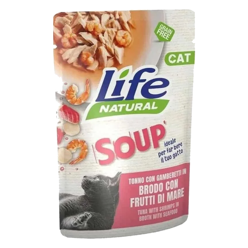 Life Cat Suppe Thunfisch mit Garnelen und Meeresfrüchten für Katzen, 60 g