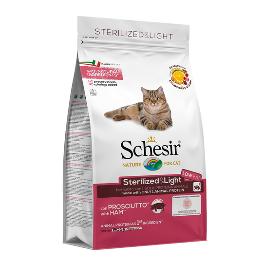Schesir Sterilised & Light Trockenfutter Katze Schinken, 1,5 kg