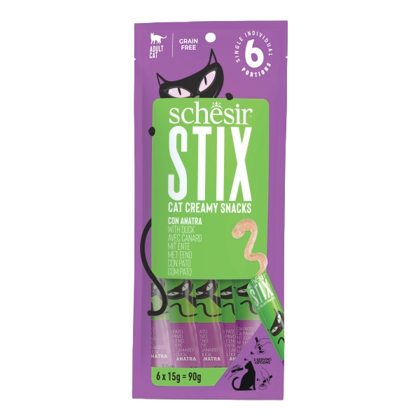 Schesir Snack Stix Cremesnacks Ente für Katzen, 6 × 15 g