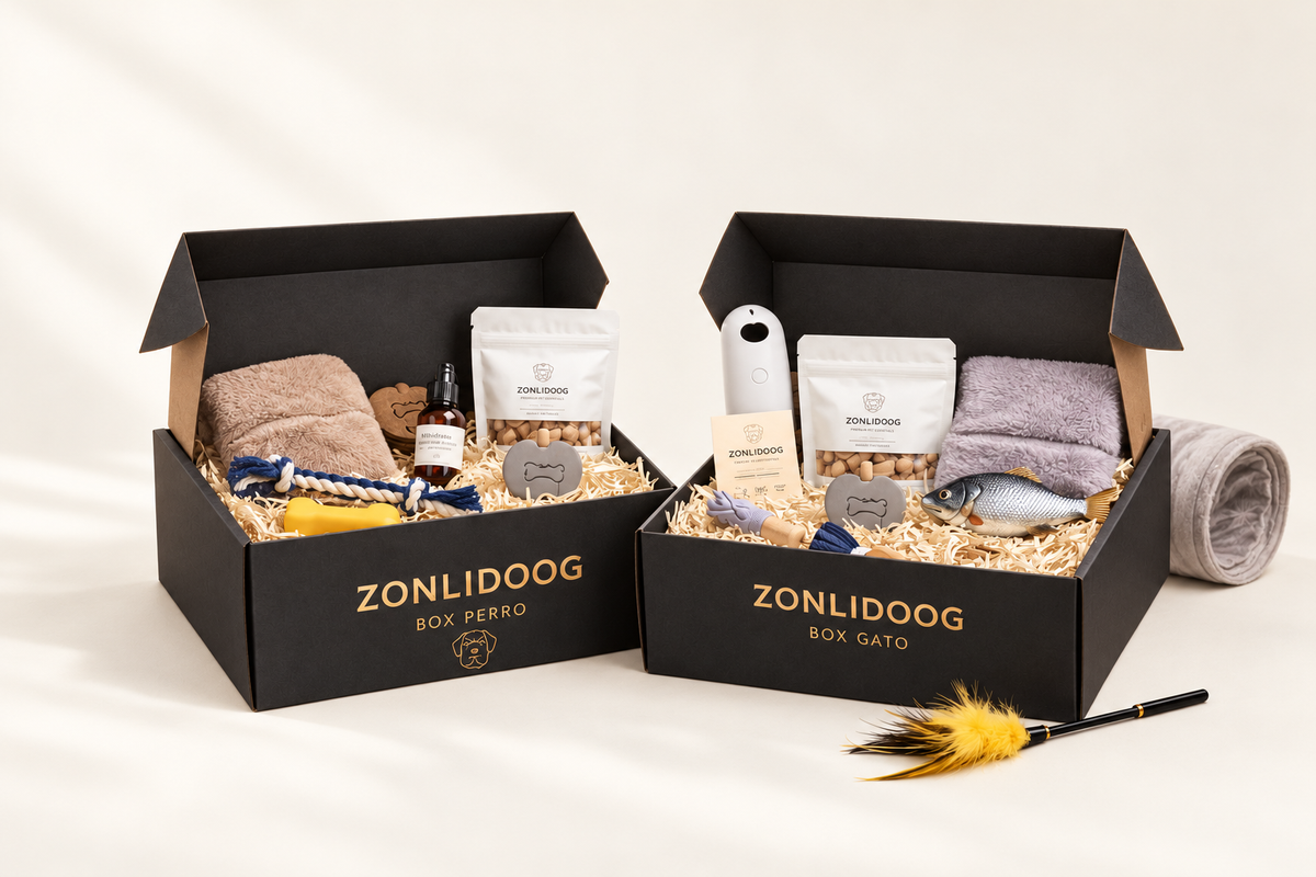 Illustrative Präsentation der ZONLIDOOG Box für Hunde und Katzen; Inhalt je nach Auswahl