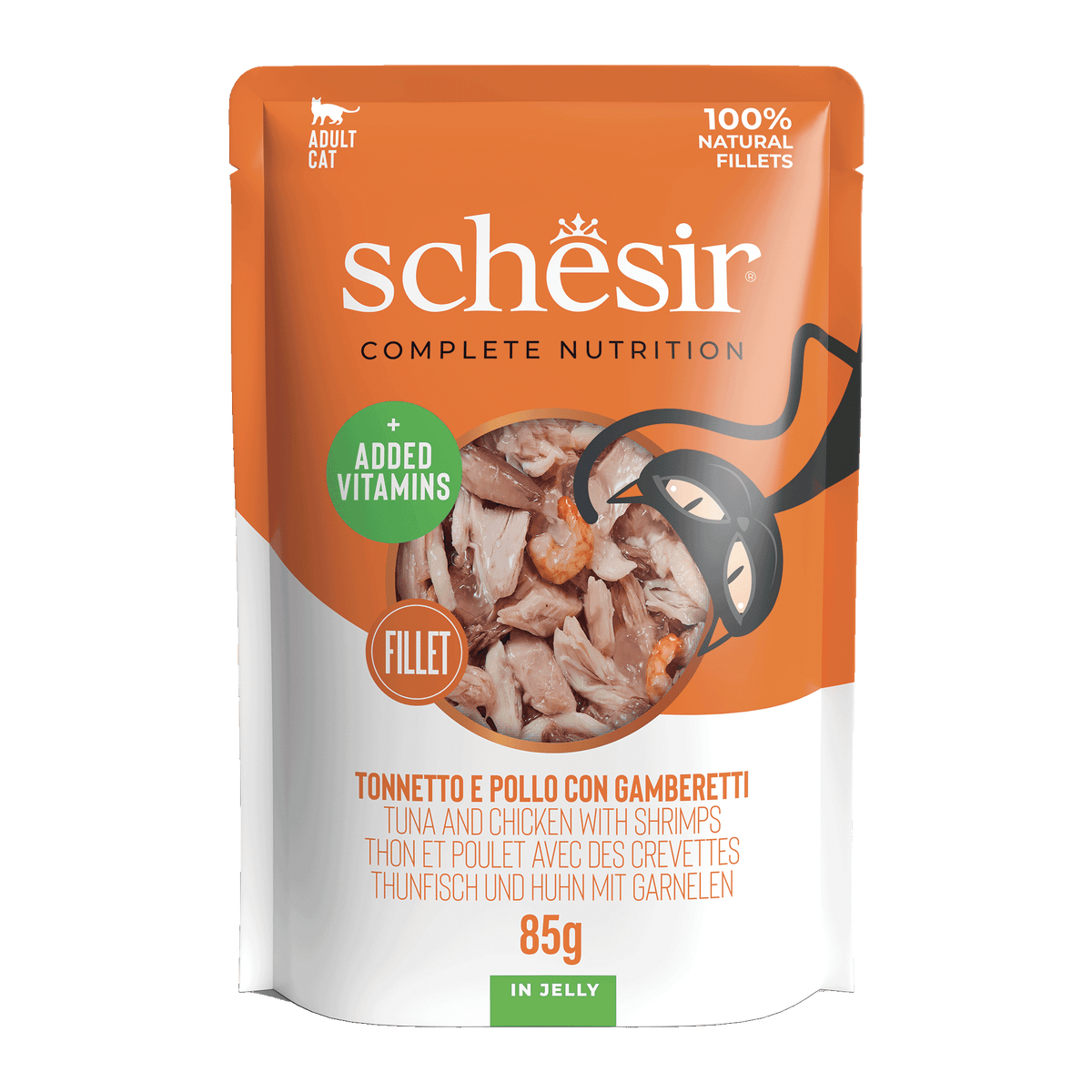 Schesir Nassfutter Katze Thunfisch mit Huhn und Garnelen, Beutel 85 g