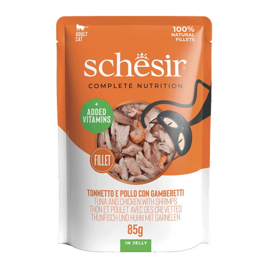Schesir Nassfutter Katze Thunfisch mit Huhn und Garnelen, Beutel 85 g