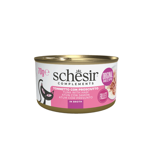 Schesir Nassfutter Katze Thunfisch mit Schinken in Brühe, Dose 70 g