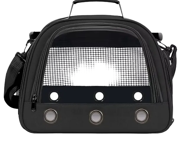 Bolsa transportín negra para pájaros con percha interior y ventanas de malla