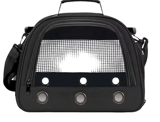 Bolsa transportín negra para pájaros con percha interior y ventanas de malla