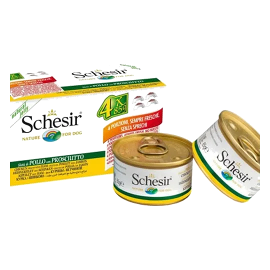 Schesir Nassfutter Hund Huhn und Schinken, 4 × 85 g