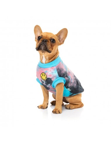 FuzzYard Smiley Tie-rus Hundepullover mit Kapuze, Blau bunt (Größe 1)