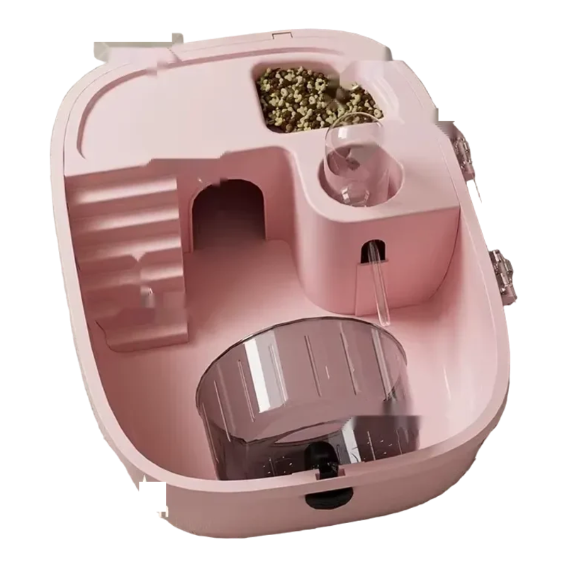Kompakter Hamsterkäfig in Rosa mit Versteck, Futterbereich, Trinkflasche, Treppe und Laufrad