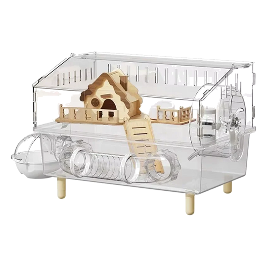 Transparenter Hamsterkäfig aus Acryl mit 2 Ebenen, Häuschen, Leiter und Laufrad