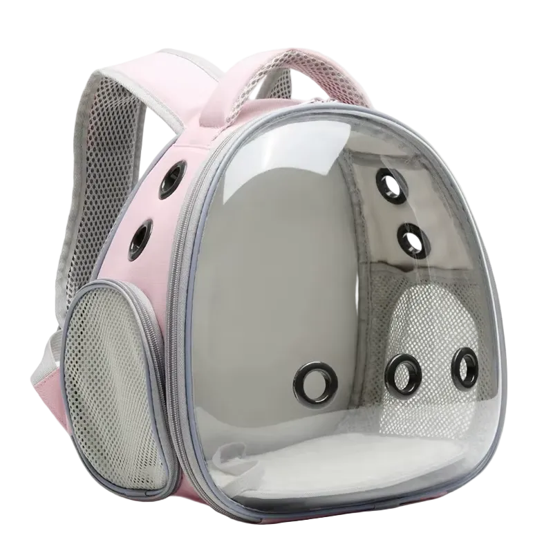 Mochila burbuja rosa para pájaros con ventana panorámica