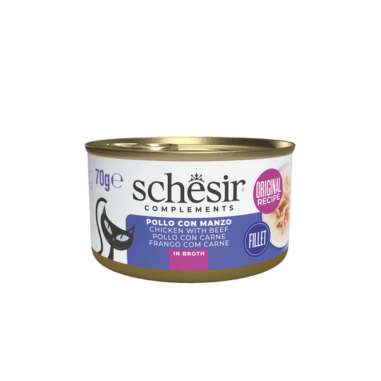 Schesir Nassfutter Katze Hühnerfilets mit Rind in Brühe, Dose 70 g