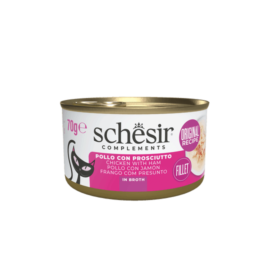 Schesir Nassfutter Katze Huhn mit Schinken in Brühe, Dose 70 g