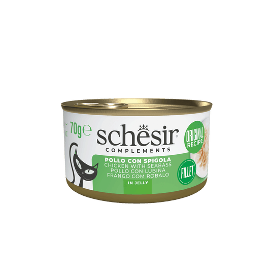 Schesir Nassfutter Katze Huhn mit Wolfsbarsch in Gelee, Dose 70 g