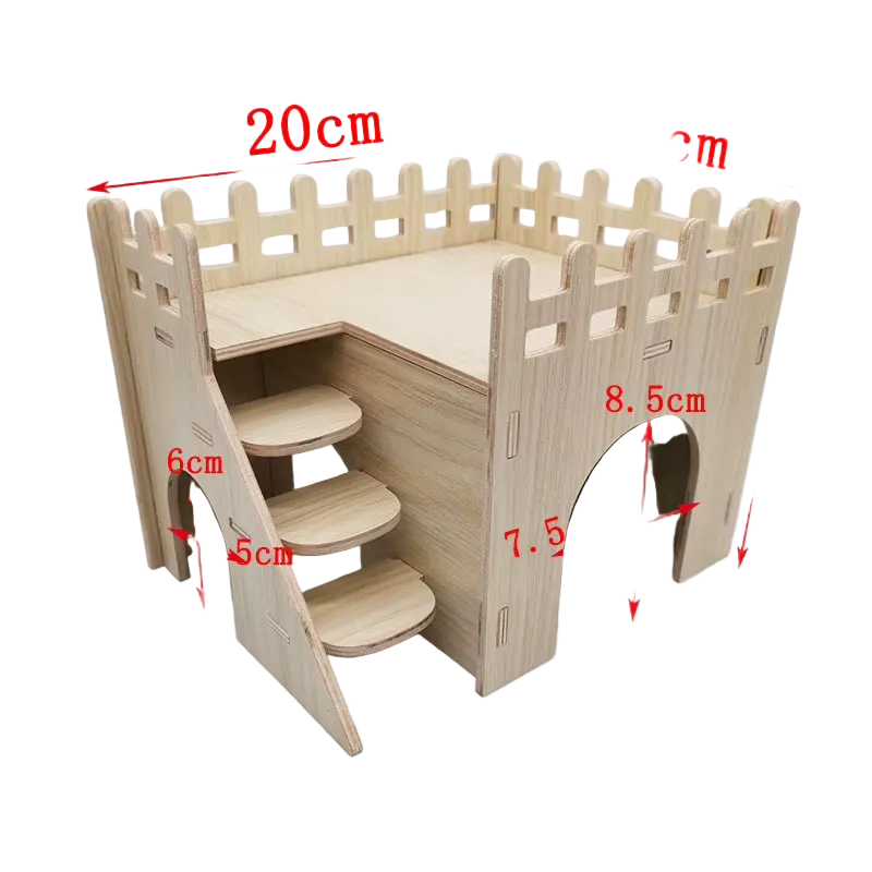 Refugios de madera maciza para hámster: puentes y casitas, casa con terraza