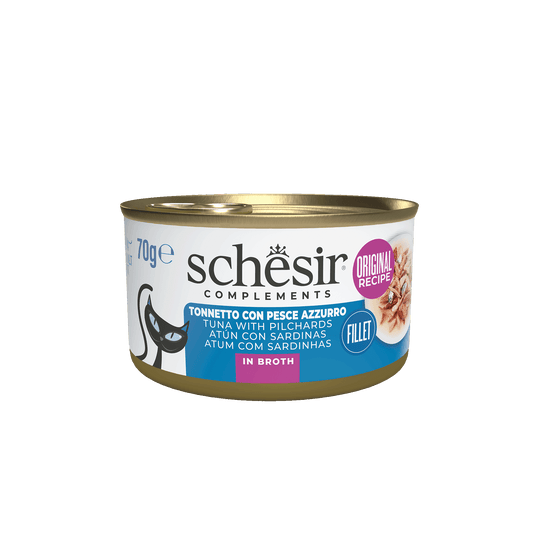 Schesir Nassfutter Katze Thunfisch mit fettem Fisch in Brühe, Dose 70 g