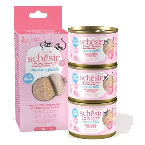 Schesir Baby Mousse mit Hühnerfilets, Lachs und Hühnerleber, 3 × 55 g