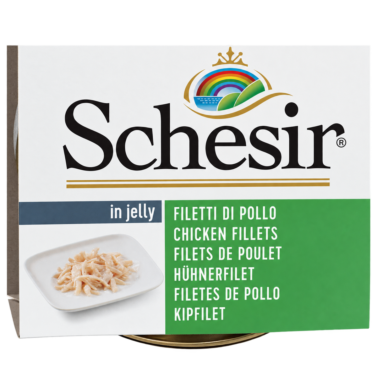 Detail des Etiketts Hühnerfilets in Gelee auf der Schesir-Packung für Hunde