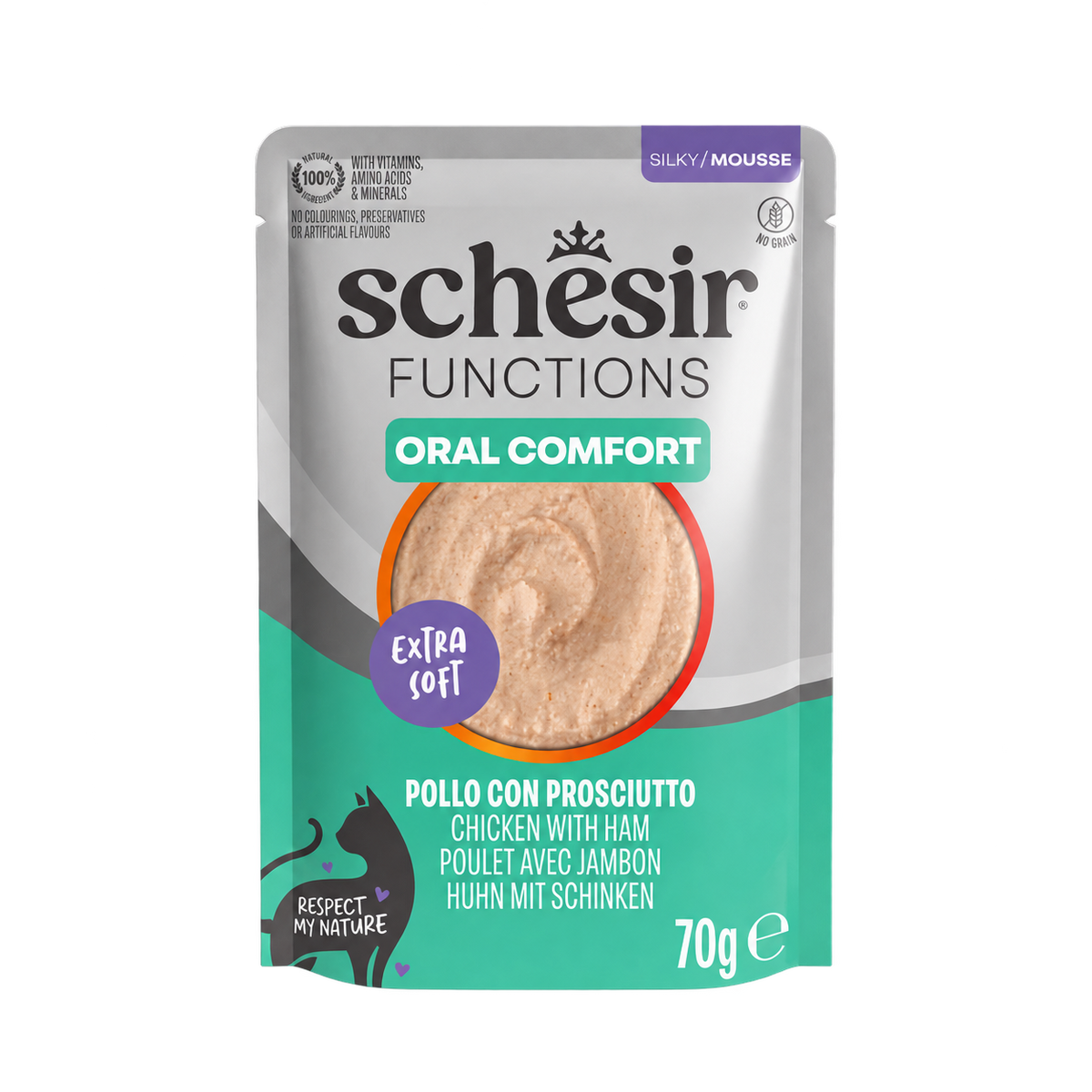 Schesir Functions Oral Comfort Nassfutter Katze Huhn mit Schinken, 70 g
