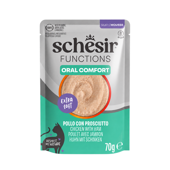 Schesir Functions Oral Comfort Nassfutter Katze Huhn mit Schinken, 70 g