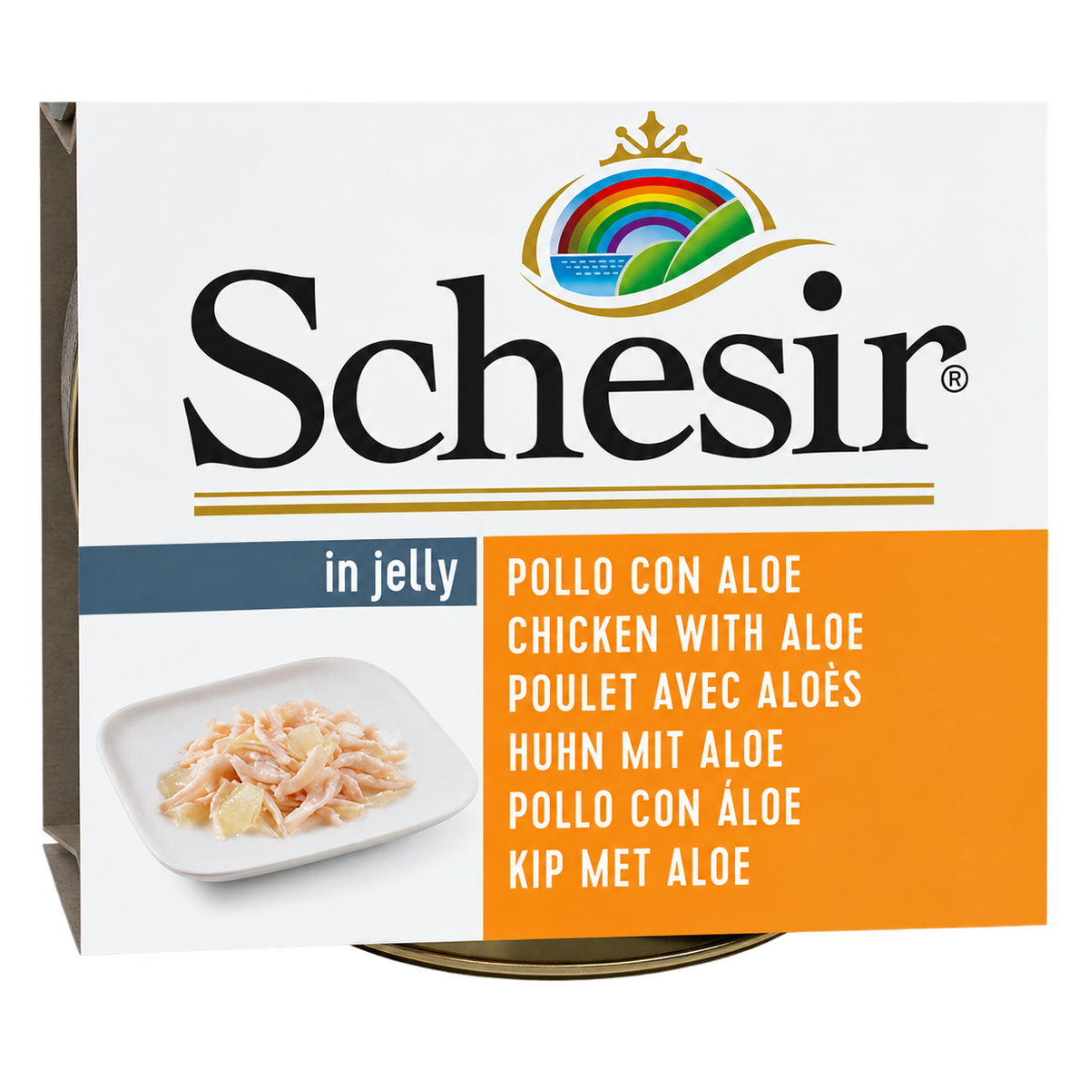 Detail des Etiketts Huhn und Aloe auf der Schesir-Packung für Hunde