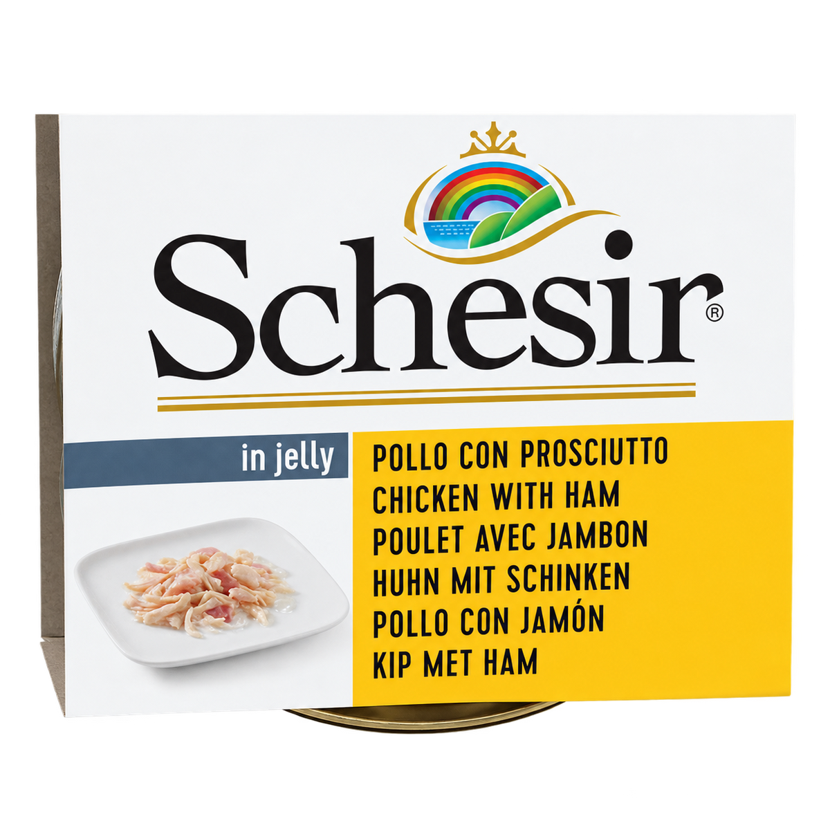 Detail des Etiketts Huhn und Schinken auf der Schesir-Packung für Hunde