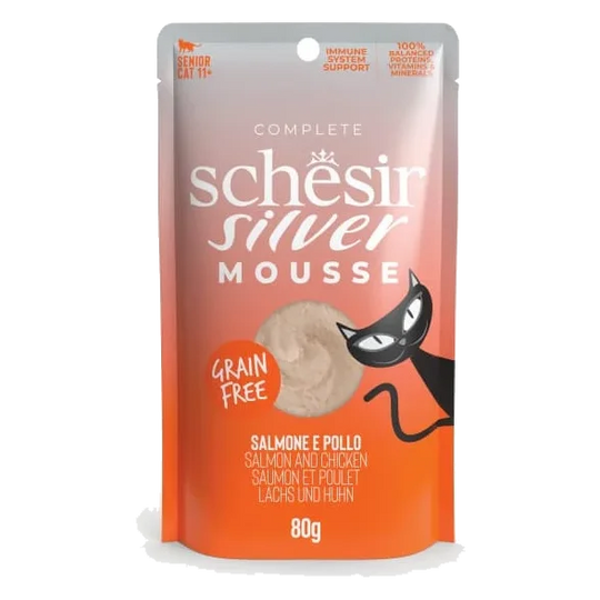 Schesir Silver Nassfutter Katze Mousse Lachs mit Huhn, Beutel 80 g