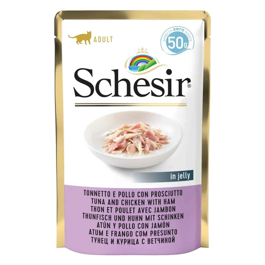 Schesir Nassfutter Katze Thunfisch mit Huhn und Schinken, Beutel 50 g