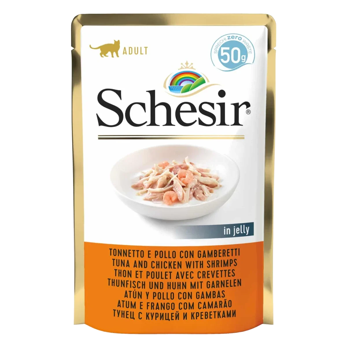 Schesir Nassfutter Katze Thunfisch und Huhn mit Garnelen, Beutel 50 g