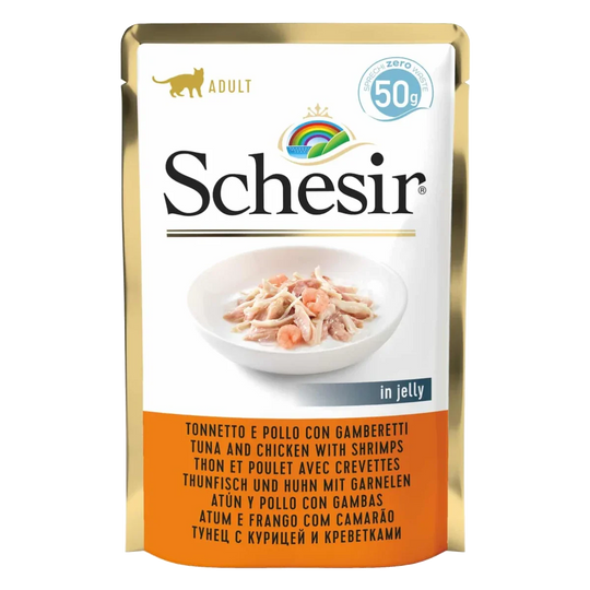 Schesir Nassfutter Katze Thunfisch und Huhn mit Garnelen, Beutel 50 g