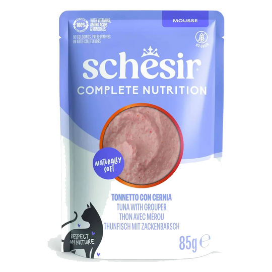 Schesir Nassfutter Katze Mousse Thunfisch mit Zackenbarsch, Beutel 85 g