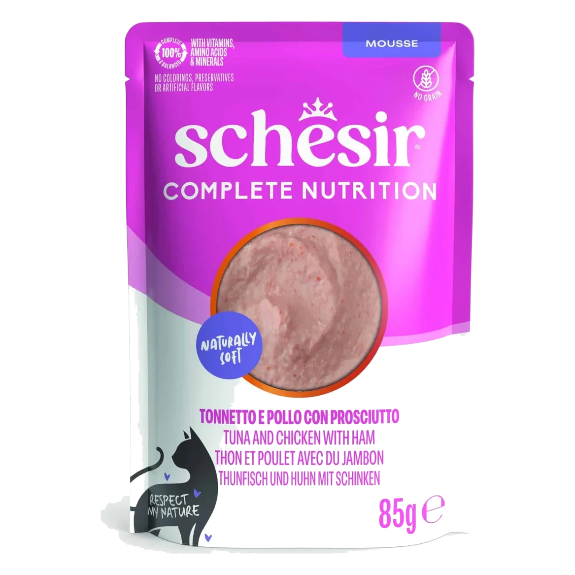 Schesir Nassfutter Katze Mousse Thunfisch mit Huhn und Schinken, Beutel 85 g