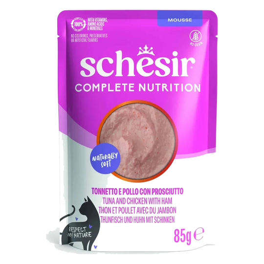 Schesir Nassfutter Katze Mousse Thunfisch mit Huhn und Schinken, Beutel 85 g