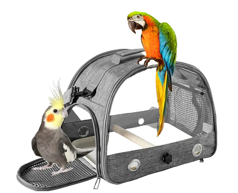 Transportín plegable gris para pájaros con bandeja y percha