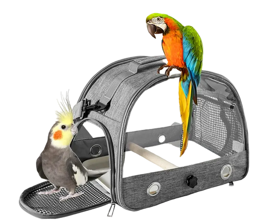 Transportín plegable gris para pájaros con bandeja y percha