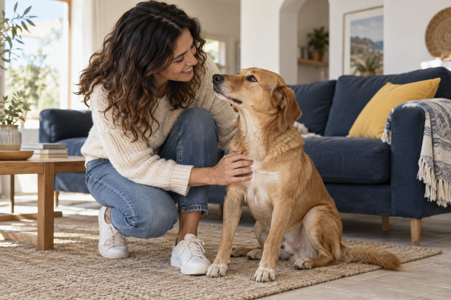 Illustration eines Menschen und eines Hundes in einem ruhigen Moment zu Hause
